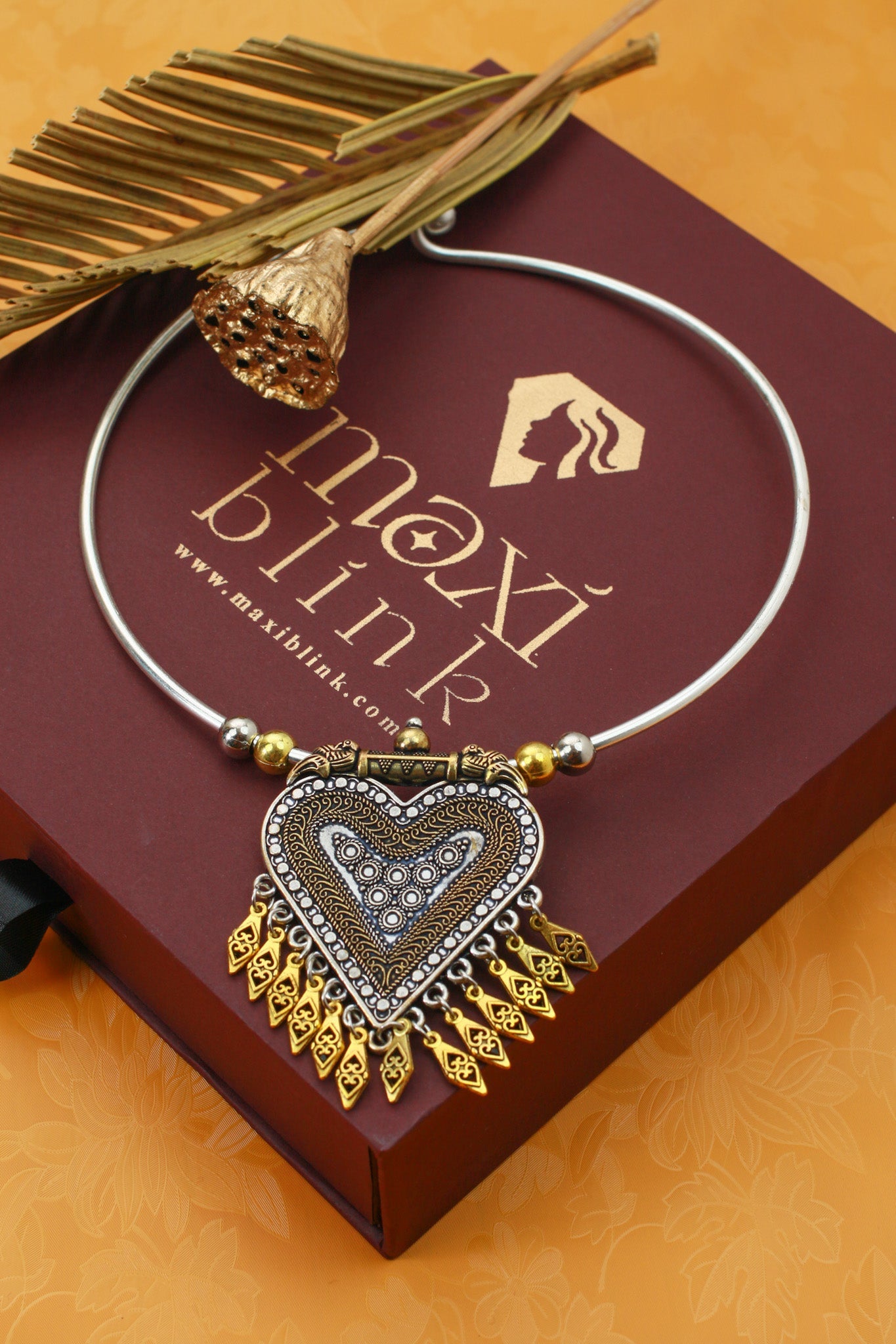 Dual Tone Oxidised German Silver Heart Hansuli Necklace for Women - Maxiblink