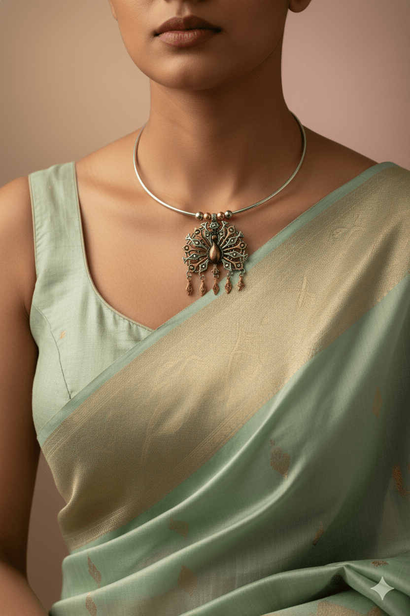 Dual Tone Oxidised German Silver Peacock Hansuli Necklace - Maxiblink