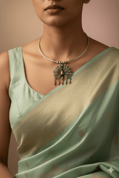 Dual Tone Oxidised German Silver Peacock Hansuli Necklace - Maxiblink