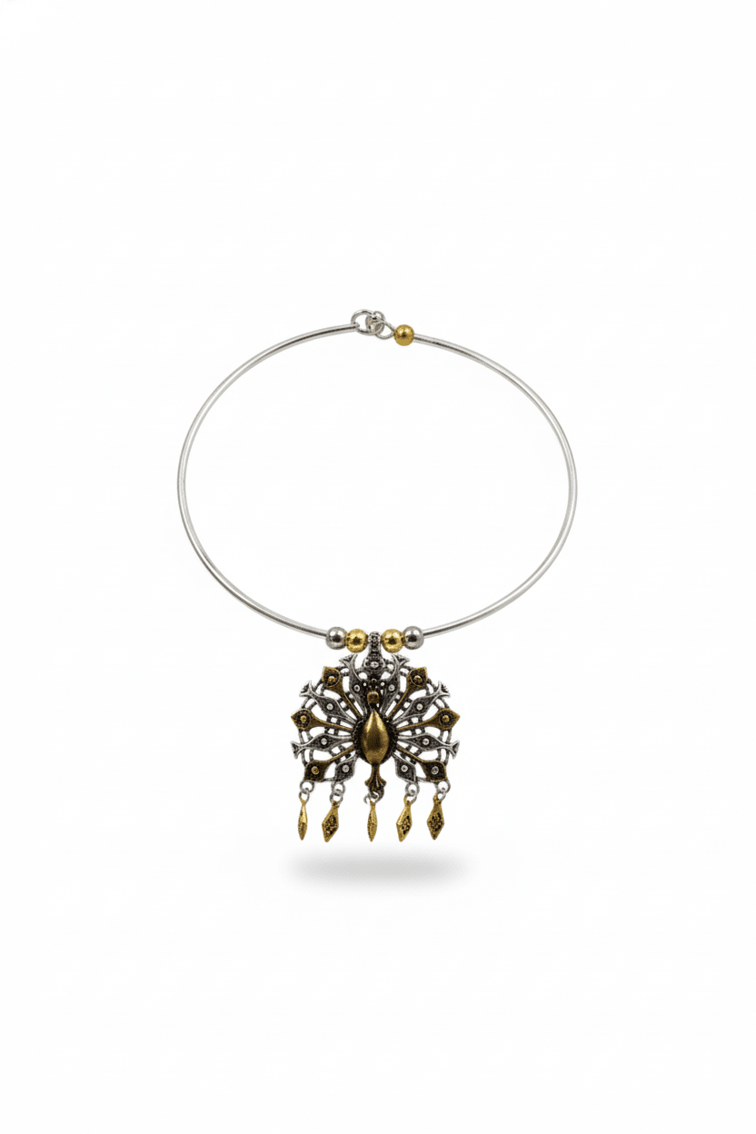 Dual Tone Oxidised German Silver Peacock Hansuli Necklace - Maxiblink