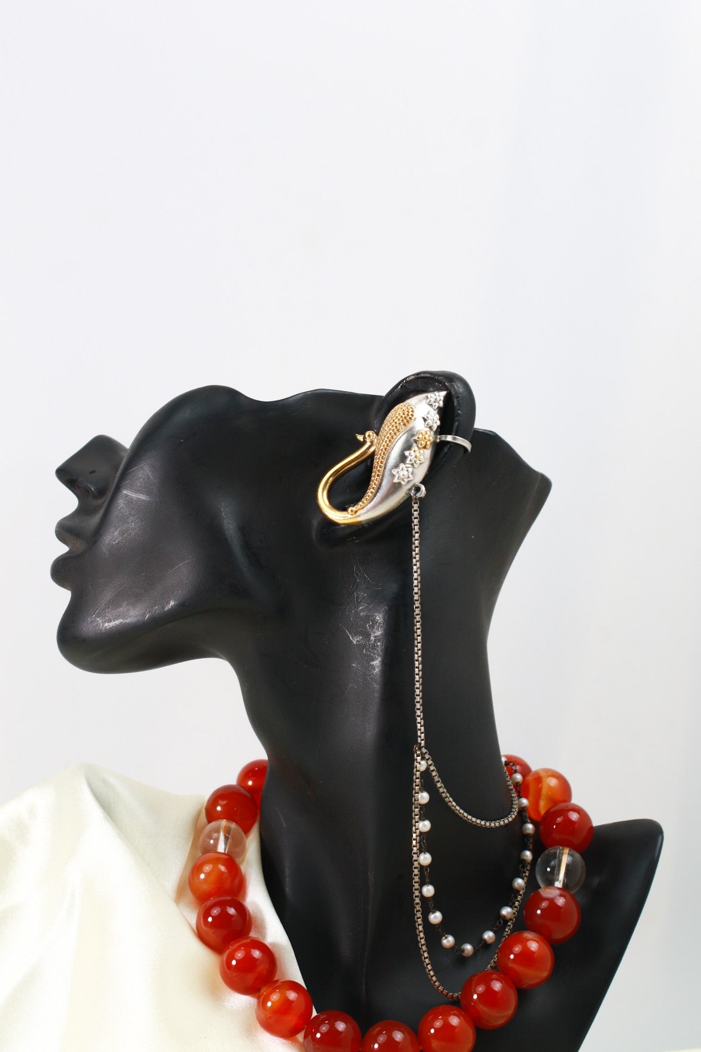 Dual Tone Peacock Oxidised German Silver Ear Cuff with Multi - Layer Chains | Statement Festive Ear Cuff - Maxiblink