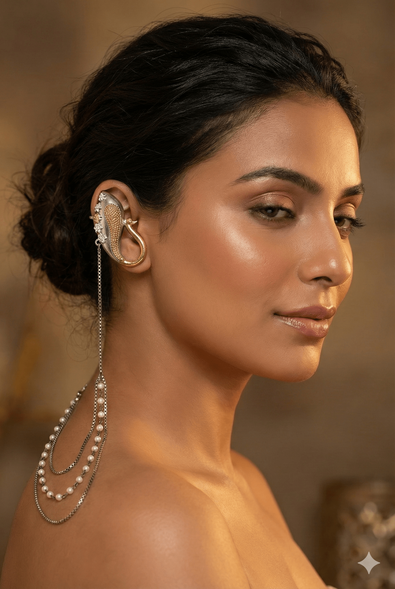 Dual Tone Peacock Oxidised German Silver Ear Cuff with Multi - Layer Chains | Statement Festive Ear Cuff - Maxiblink