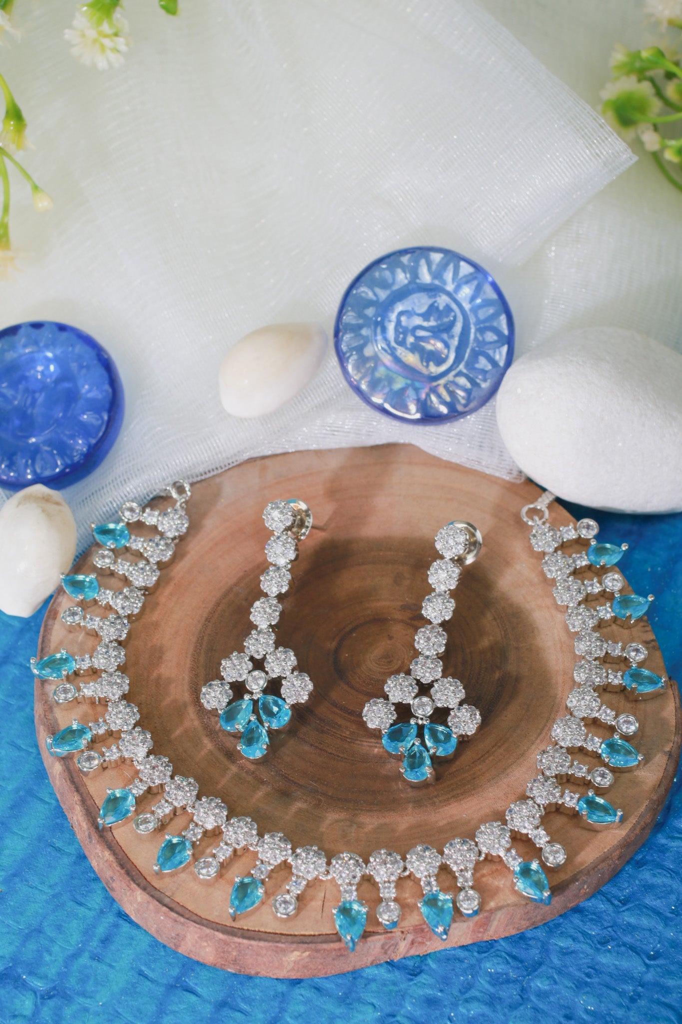 Elegant Blue Stone AD Necklace Set for Women | Sparkling Silver Finish - Maxiblink