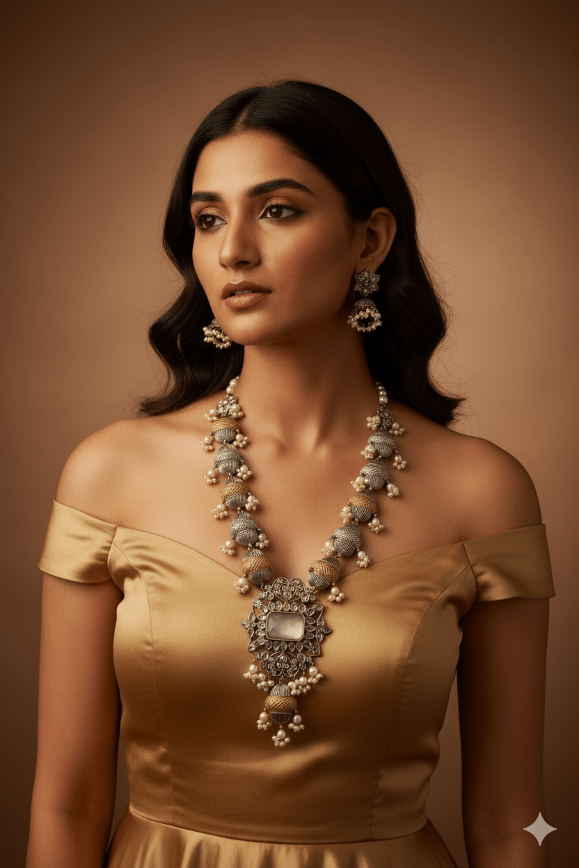 Elegant Dual - Tone Beaded Replica Necklace Set with Earrings for Women - Maxiblink