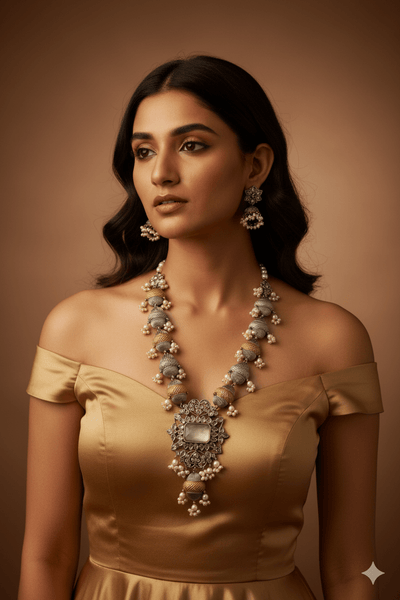 Elegant Dual - Tone Beaded Replica Necklace Set with Earrings for Women - Maxiblink