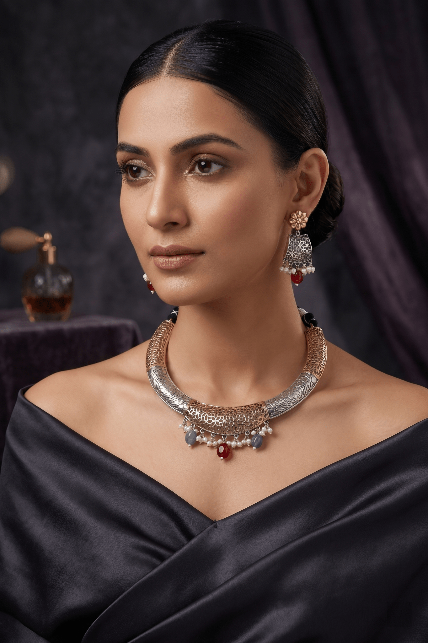 Elegant Dual - Tone Filigree Pearl Drop Hansli Necklace Set - Maxiblink