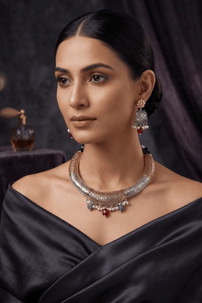 Elegant Dual - Tone Filigree Pearl Drop Hansli Necklace Set - Maxiblink