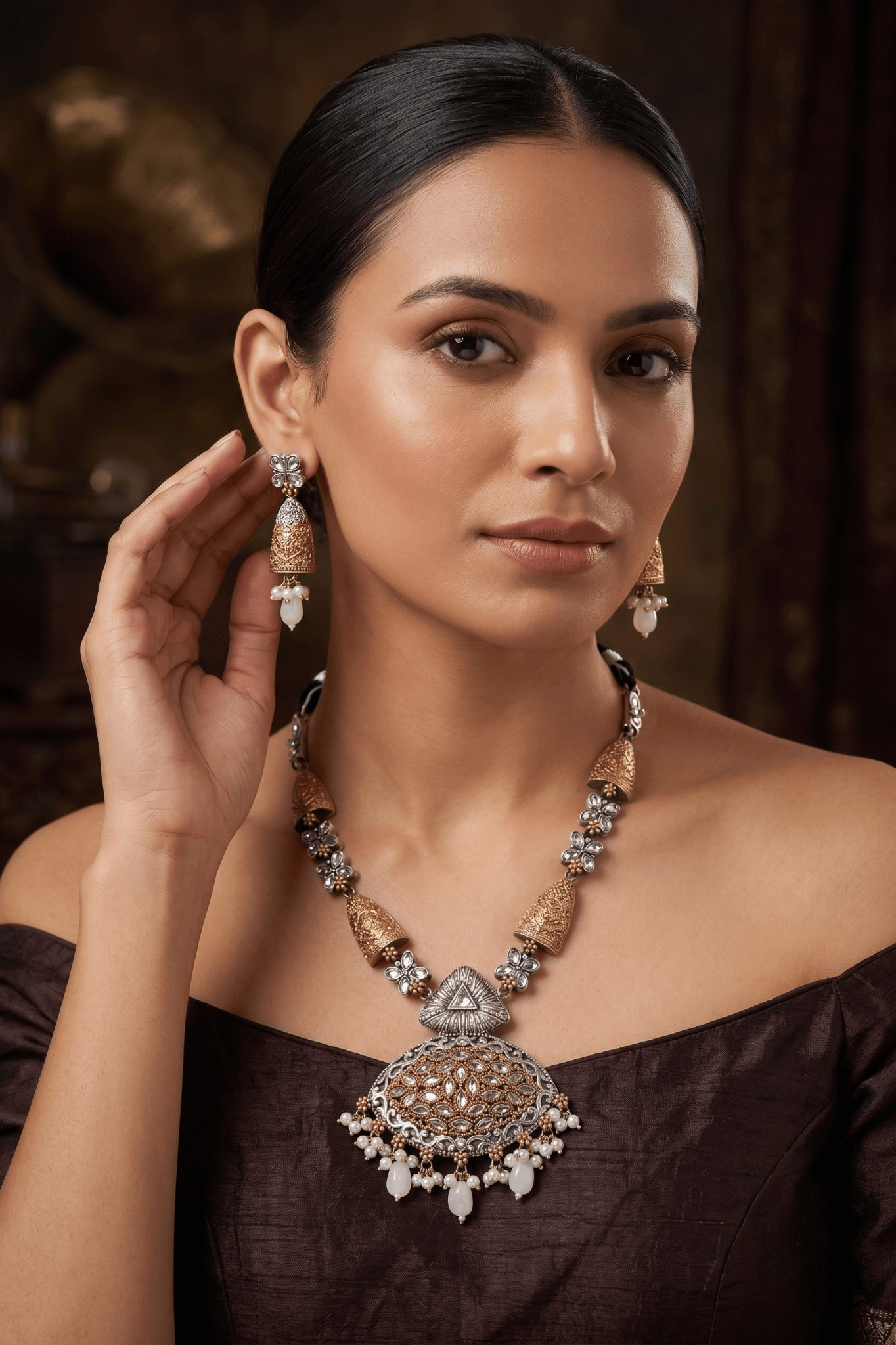 Elegant Dual - Tone Floral Filigree Pendant Haram Necklace Set - Maxiblink
