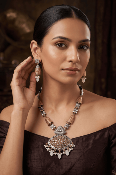 Elegant Dual - Tone Floral Filigree Pendant Haram Necklace Set - Maxiblink