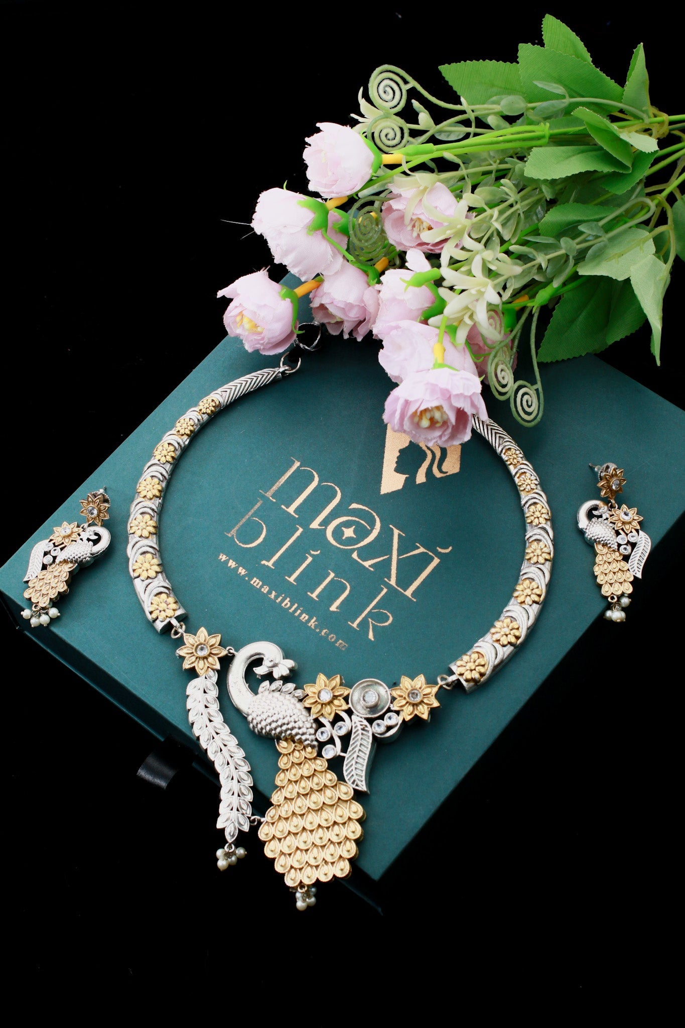 Elegant Dual - Tone Peacock Floral Statement Necklace Set - Maxiblink