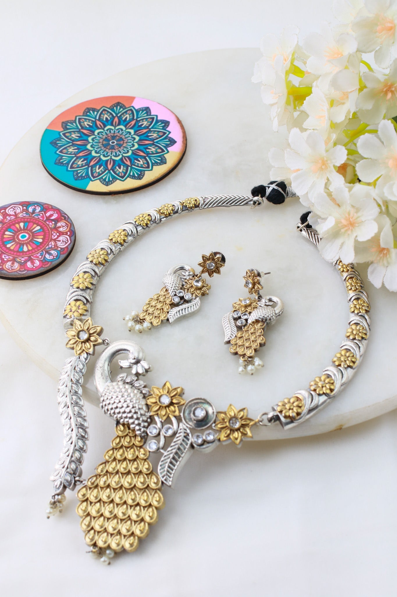 Elegant Dual - Tone Peacock Floral Statement Necklace Set - Maxiblink