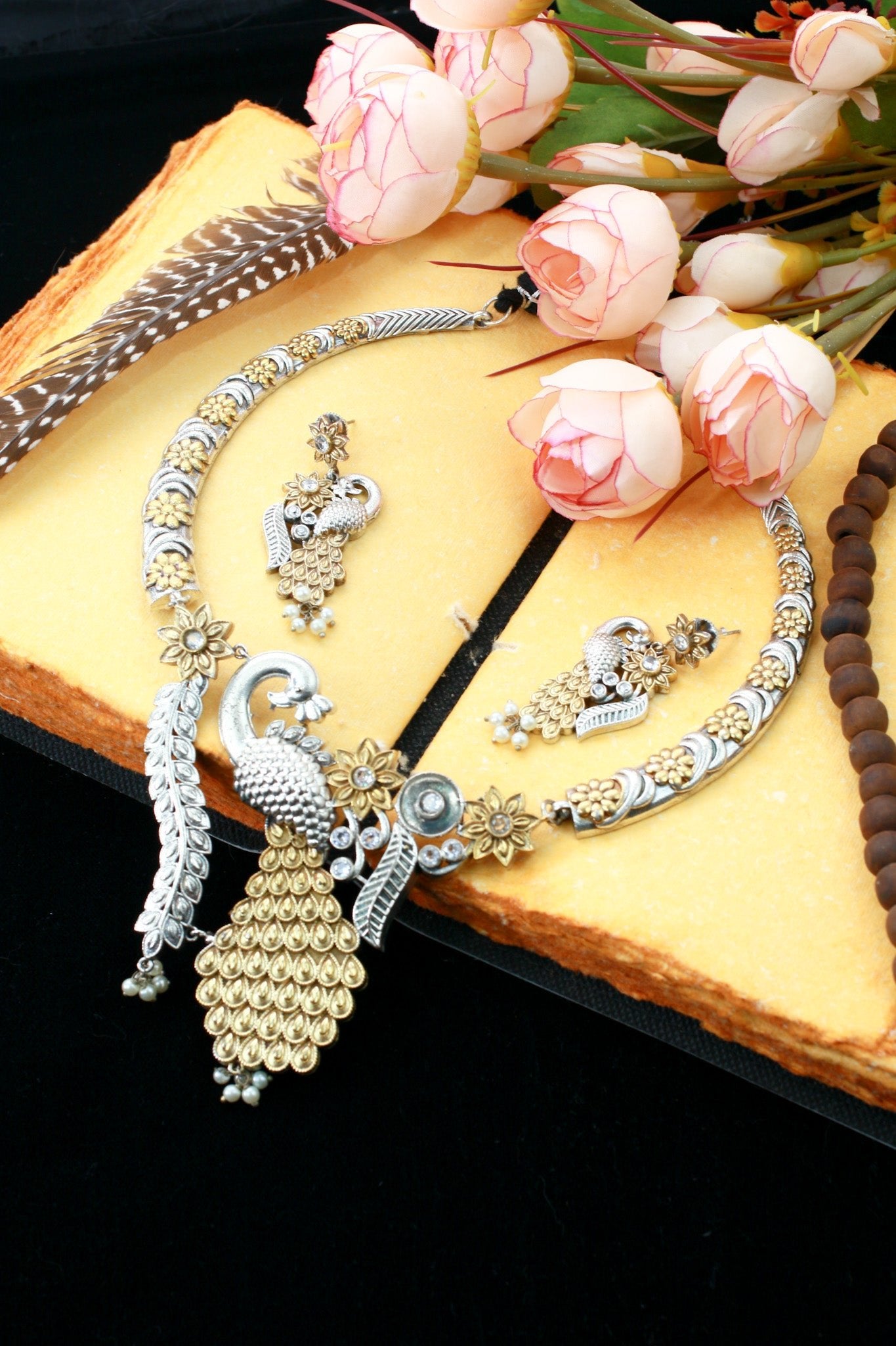 Elegant Dual - Tone Peacock Floral Statement Necklace Set - Maxiblink