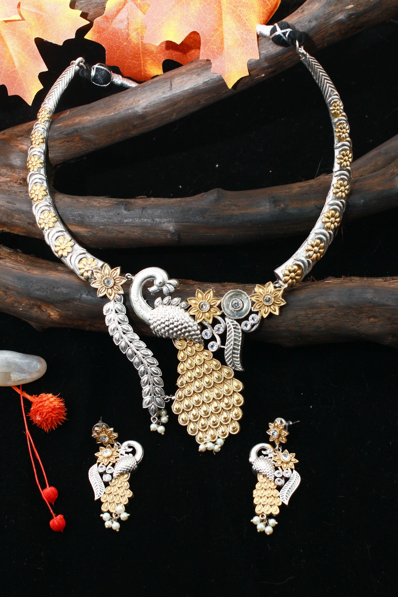 Elegant Dual - Tone Peacock Floral Statement Necklace Set - Maxiblink