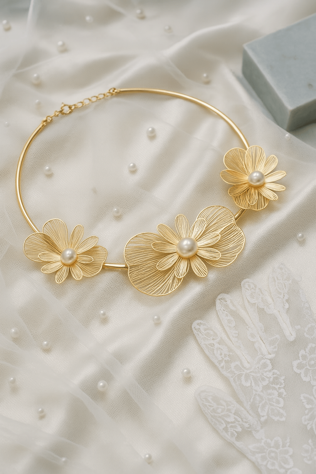 Elegant Floral Design Choker with Pearl Centers - Maxiblink