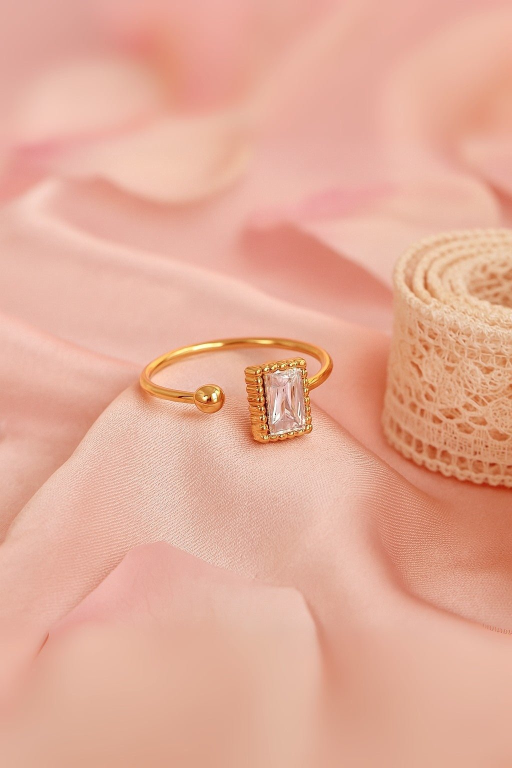 Elegant Open Band Gold Ring with Crystal Clear Baguette Stone - Maxiblink