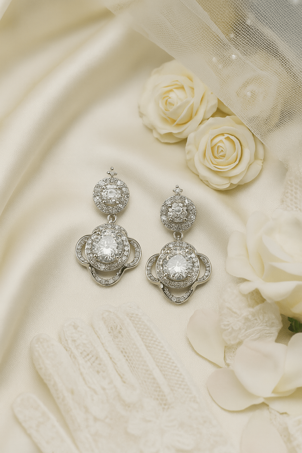Elegant Silver Floral Drop Earrings with White CZ Stones - Maxiblink