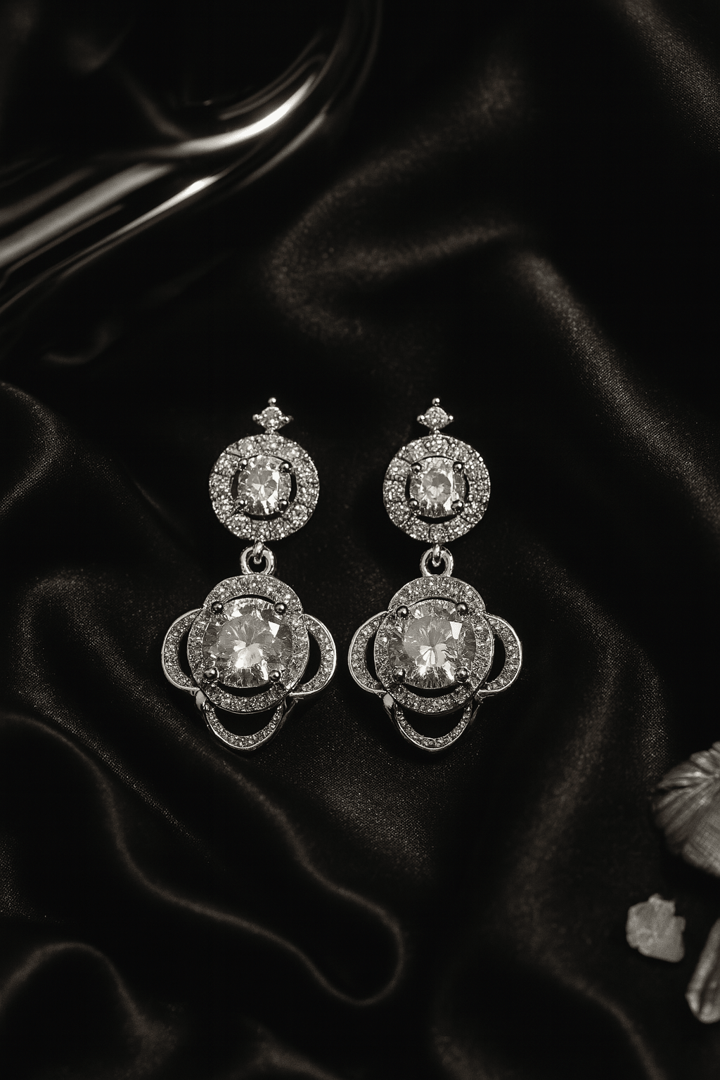 Elegant Silver Floral Drop Earrings with White CZ Stones - Maxiblink