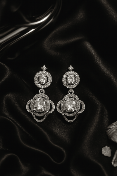 Elegant Silver Floral Drop Earrings with White CZ Stones - Maxiblink