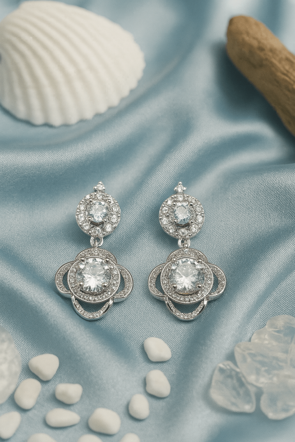 Elegant Silver Floral Drop Earrings with White CZ Stones - Maxiblink