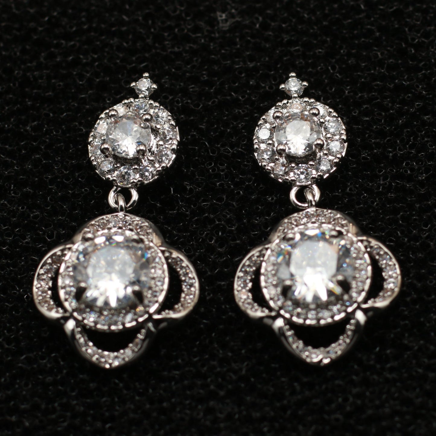 Elegant Silver Floral Drop Earrings with White CZ Stones - Maxiblink