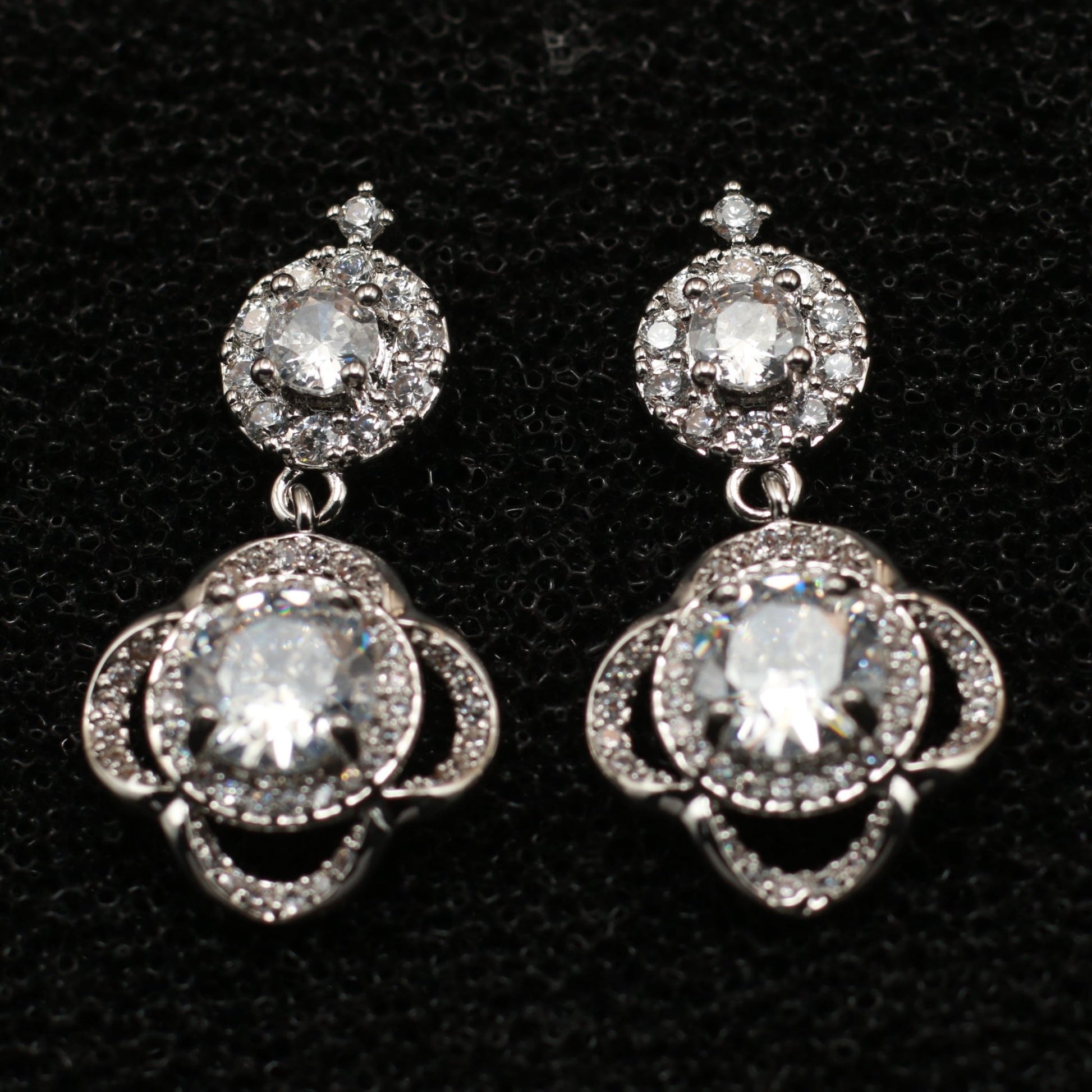 Elegant Silver Floral Drop Earrings with White CZ Stones - Maxiblink
