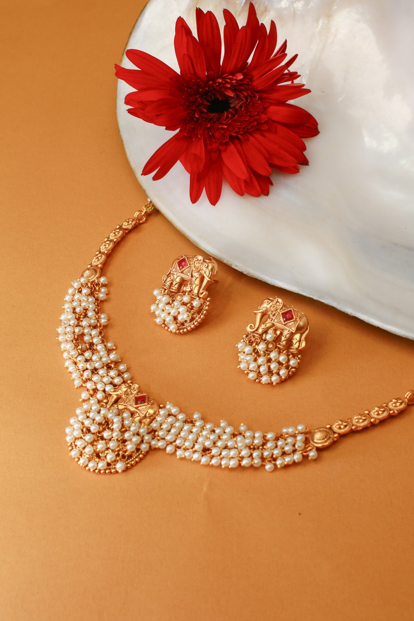 Elephant Motif Pearl Cluster Temple Necklace - Maxiblink