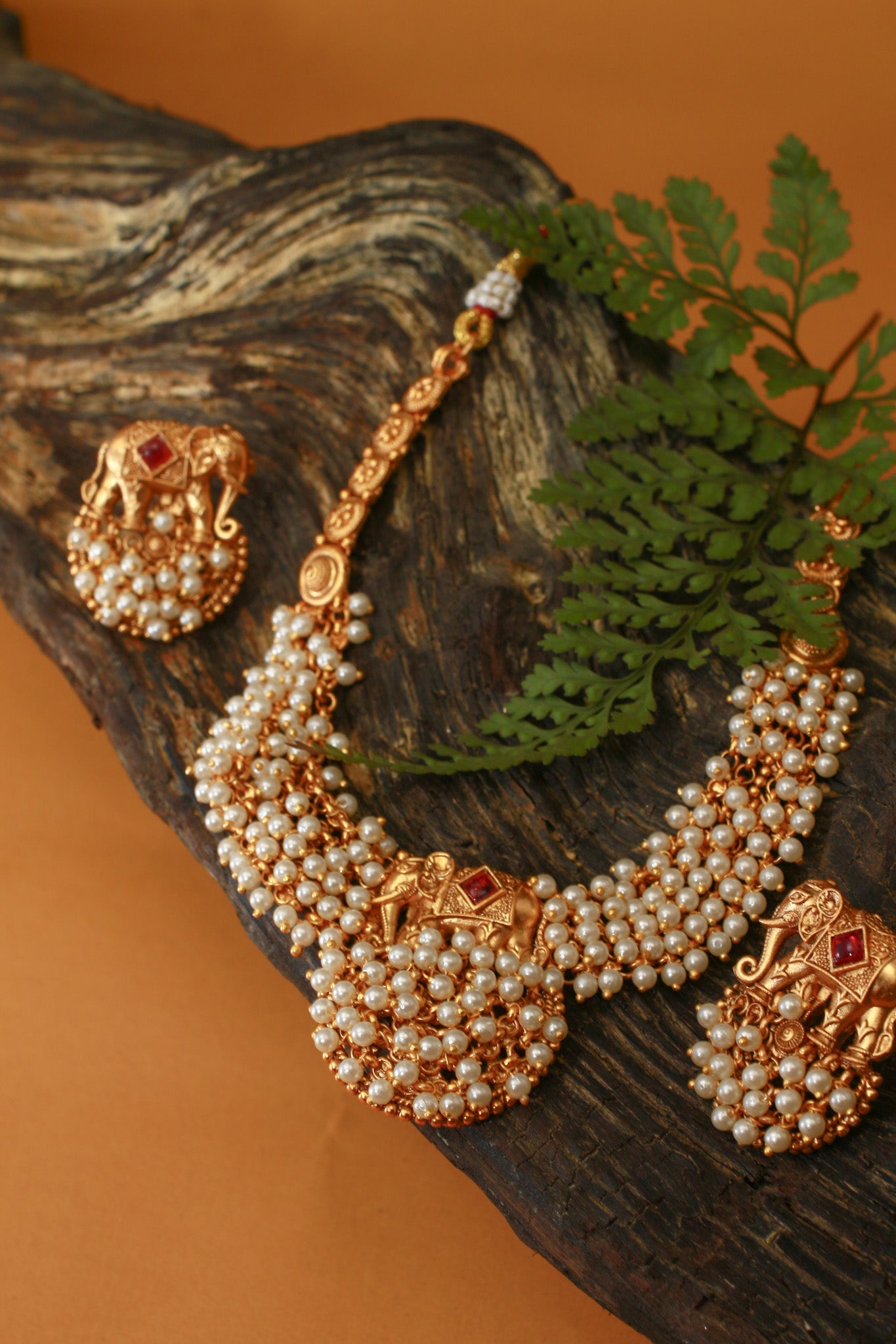Elephant Motif Pearl Cluster Temple Necklace - Maxiblink