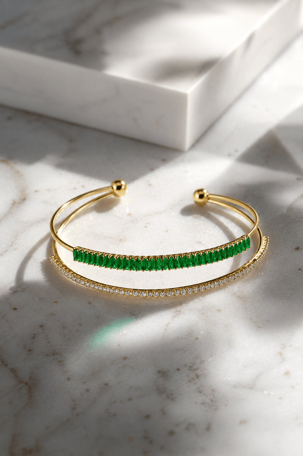 Emerald Baguette Double Layer Cuff Bracelet - Maxiblink