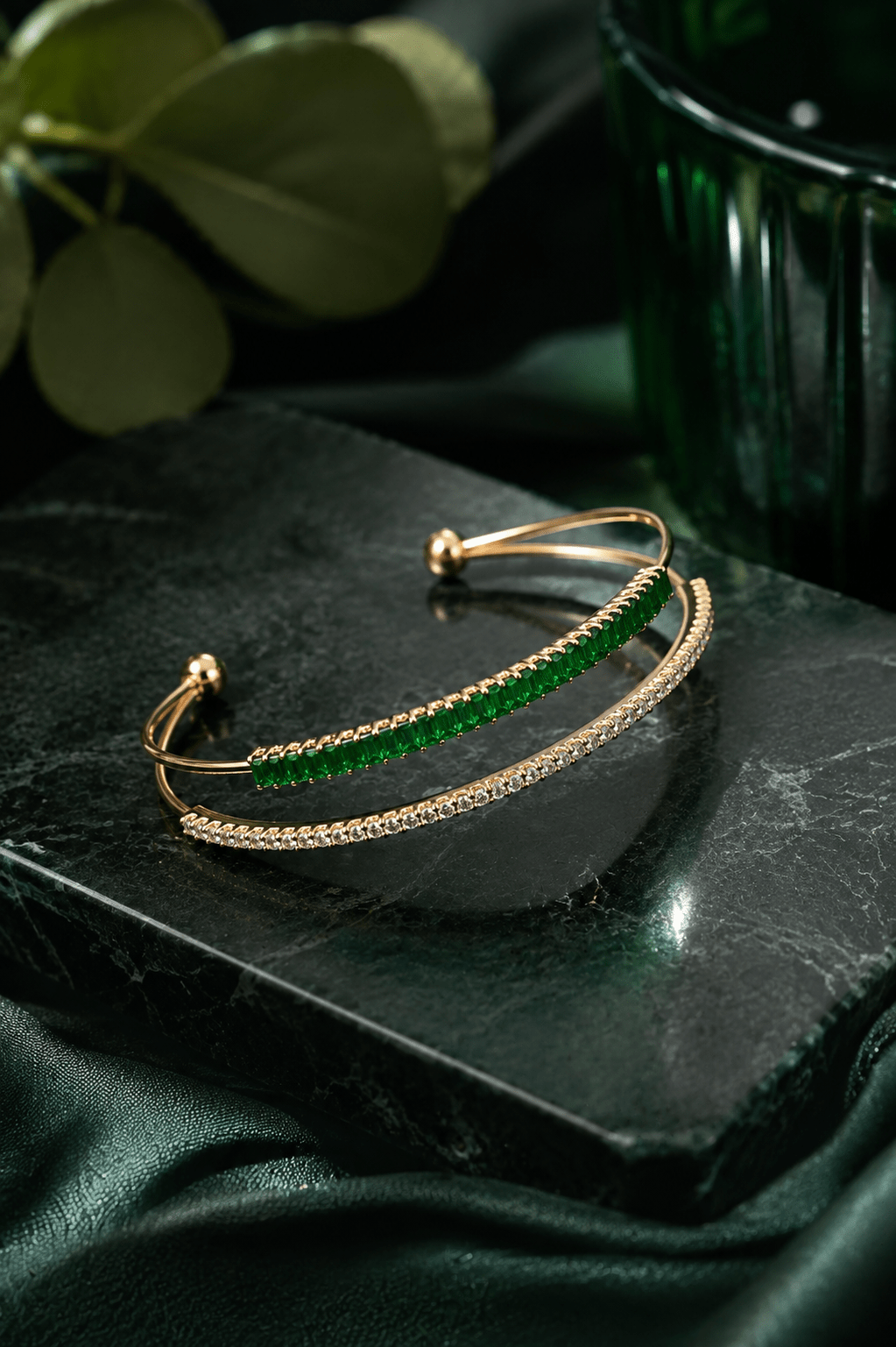 Emerald Baguette Double Layer Cuff Bracelet - Maxiblink