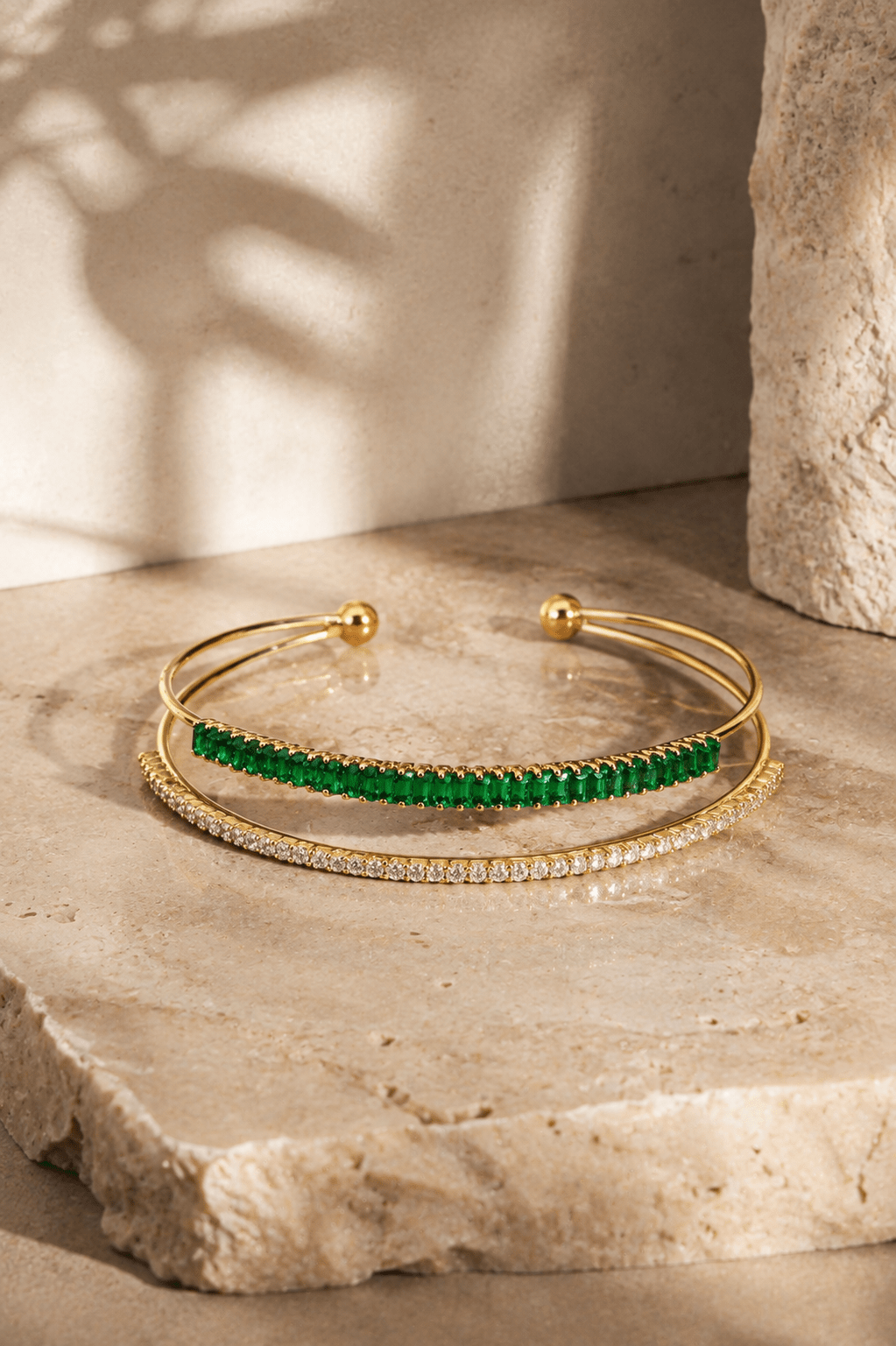 Emerald Baguette Double Layer Cuff Bracelet - Maxiblink