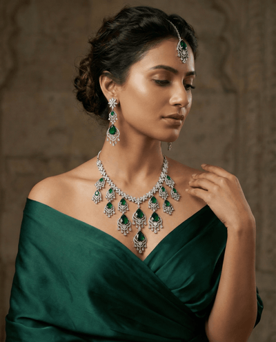 Emerald Chandbali Style Necklace Set with Crystal Drops | Royal Bridal Jewellery - Maxiblink