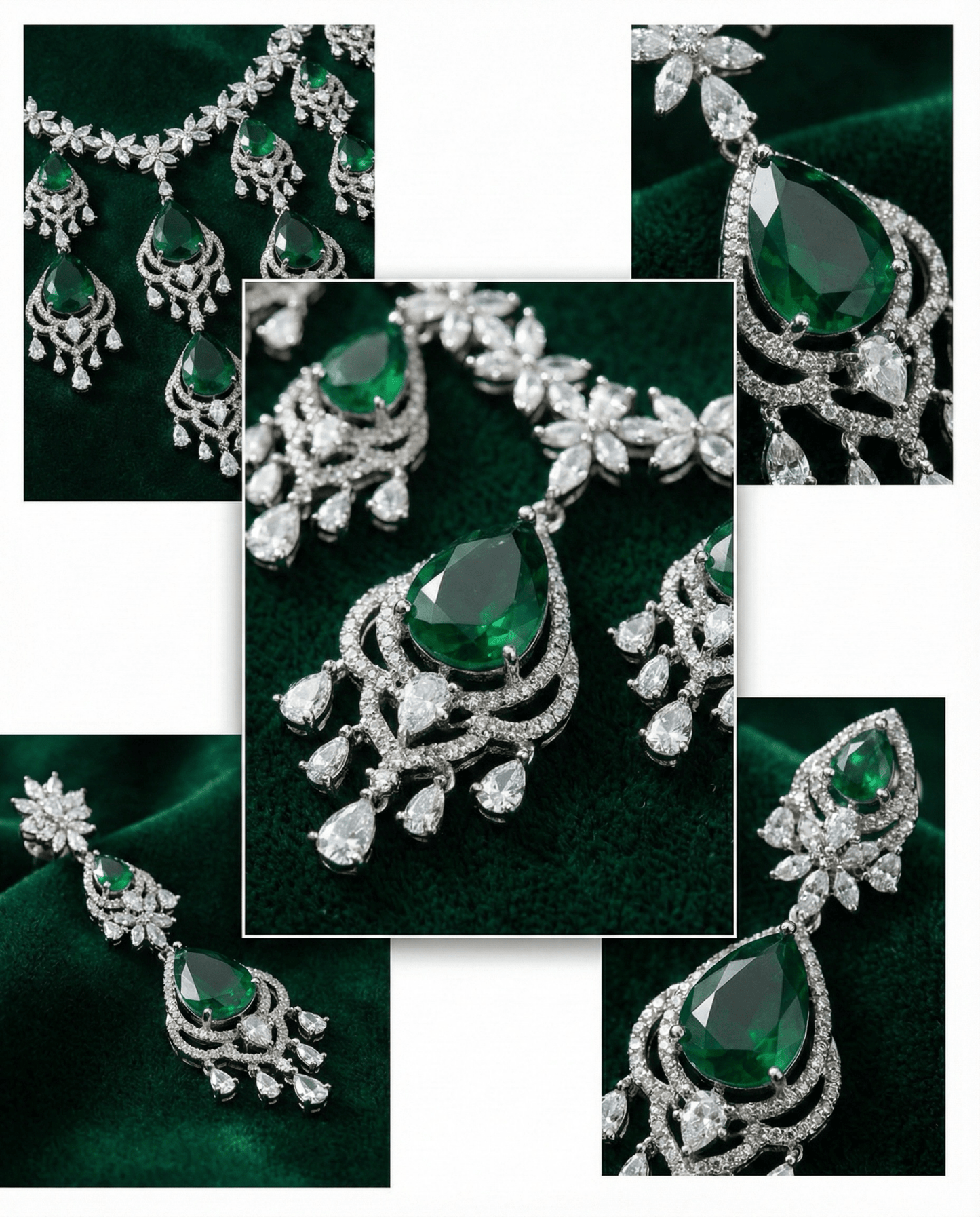 Emerald Chandbali Style Necklace Set with Crystal Drops | Royal Bridal Jewellery - Maxiblink