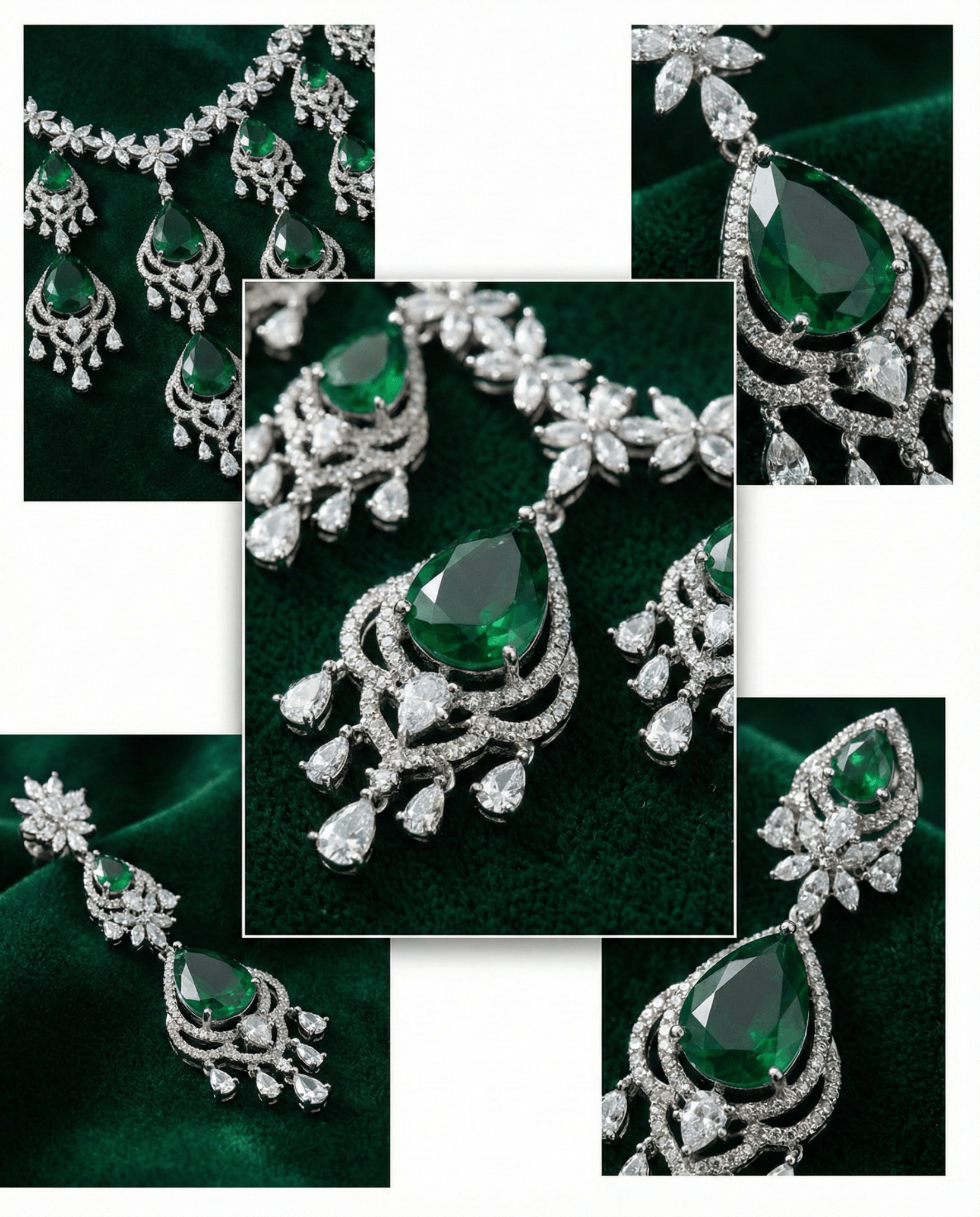 Emerald Chandbali Style Necklace Set with Crystal Drops | Royal Bridal Jewellery - Maxiblink