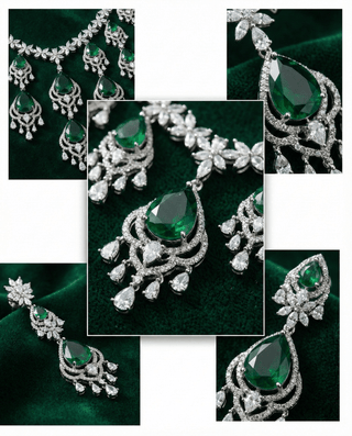 Emerald Chandbali Style Necklace Set with Crystal Drops | Royal Bridal Jewellery - Maxiblink
