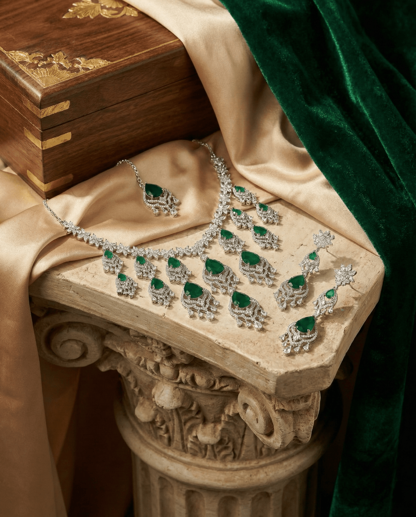 Emerald Chandbali Style Necklace Set with Crystal Drops | Royal Bridal Jewellery - Maxiblink