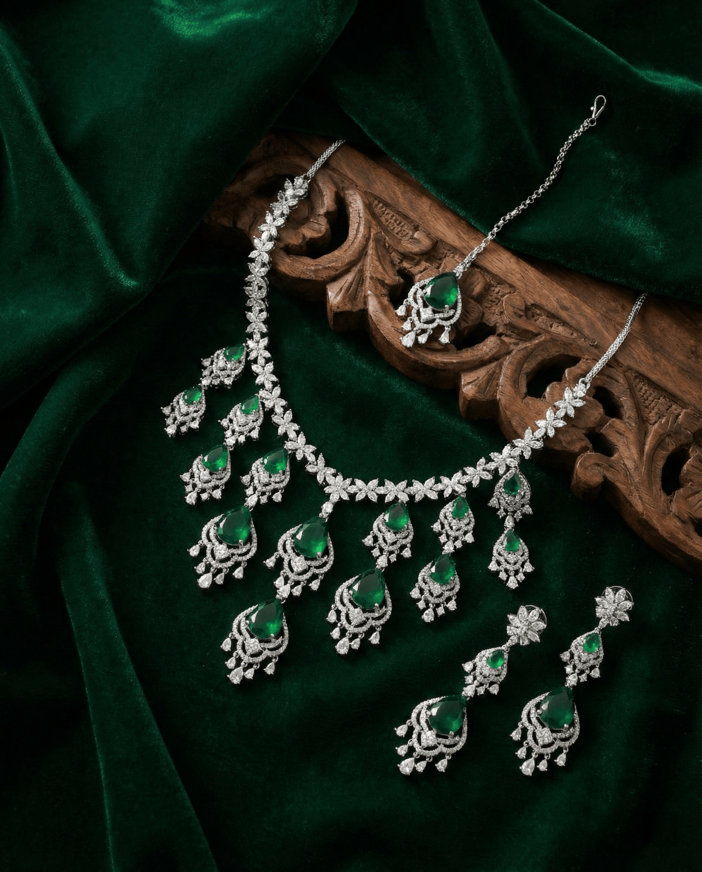 Emerald Chandbali Style Necklace Set with Crystal Drops | Royal Bridal Jewellery - Maxiblink