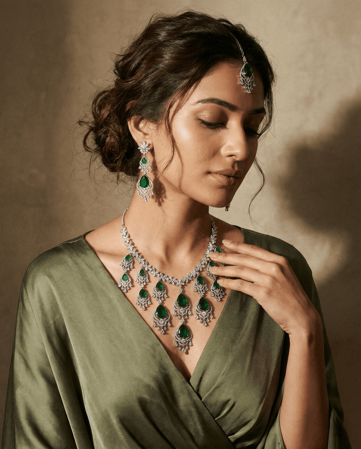 Emerald Chandbali Style Necklace Set with Crystal Drops | Royal Bridal Jewellery - Maxiblink