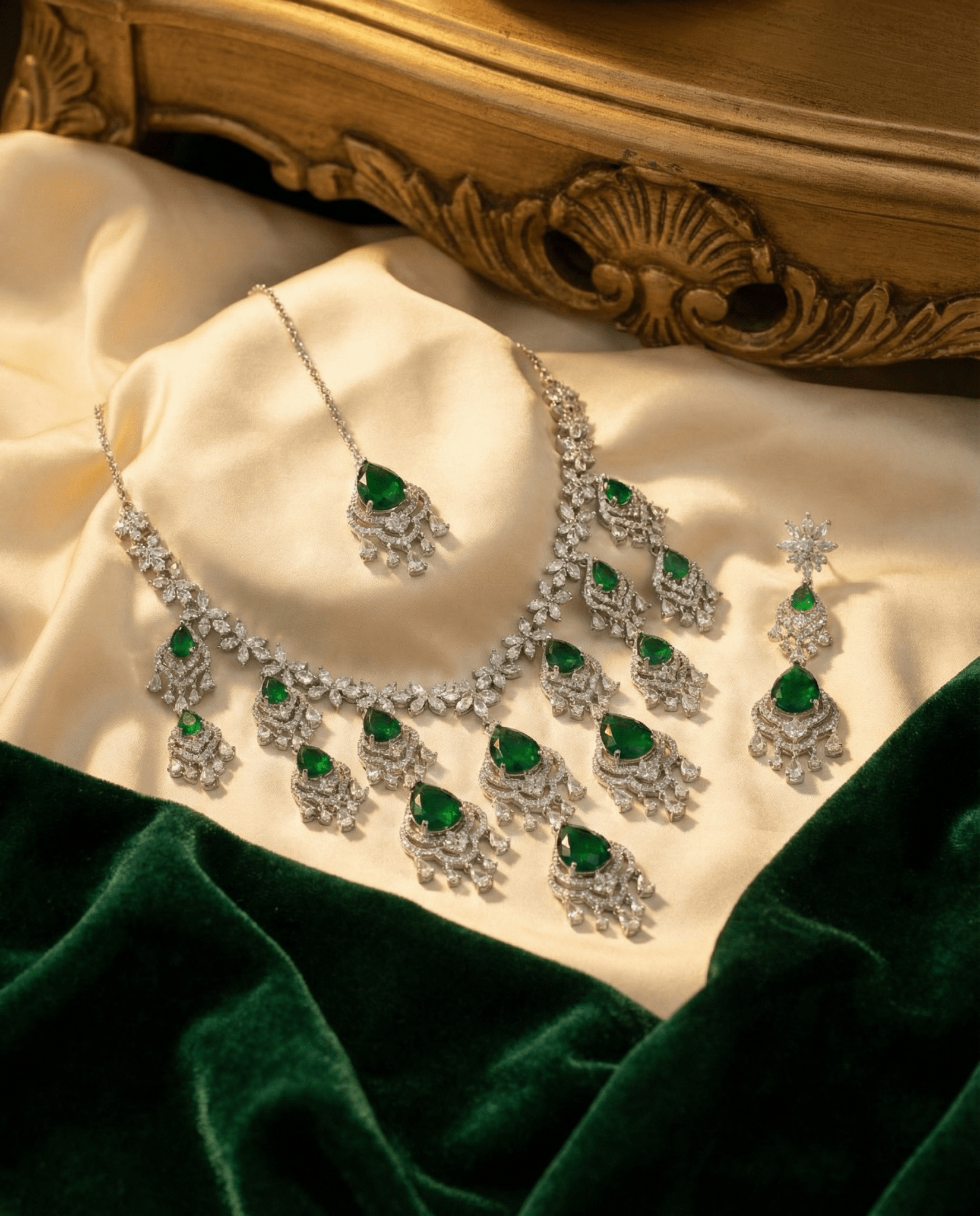Emerald Chandbali Style Necklace Set with Crystal Drops | Royal Bridal Jewellery - Maxiblink