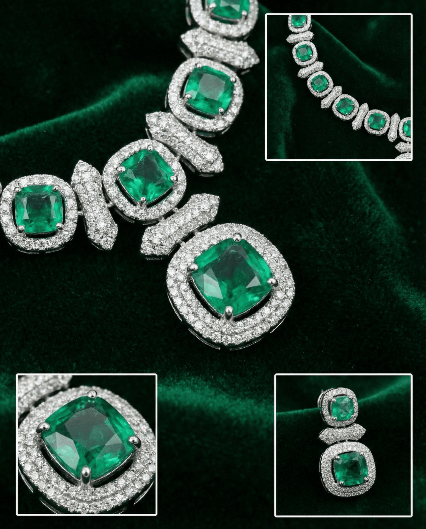 Emerald Cushion Cut Necklace Set with Diamond Finish | Premium Wedding Jewellery - Maxiblink