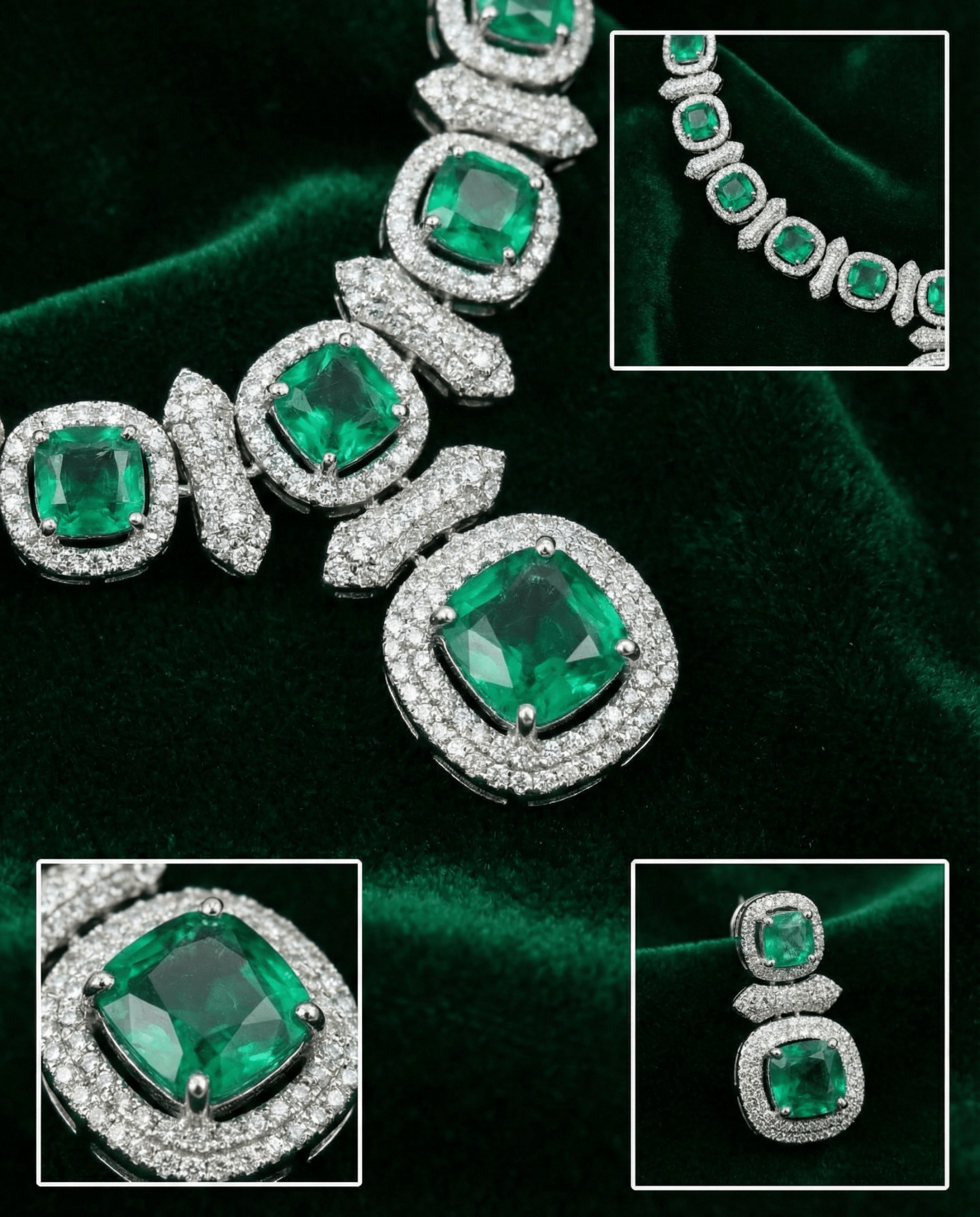 Emerald Cushion Cut Necklace Set with Diamond Finish | Premium Wedding Jewellery - Maxiblink