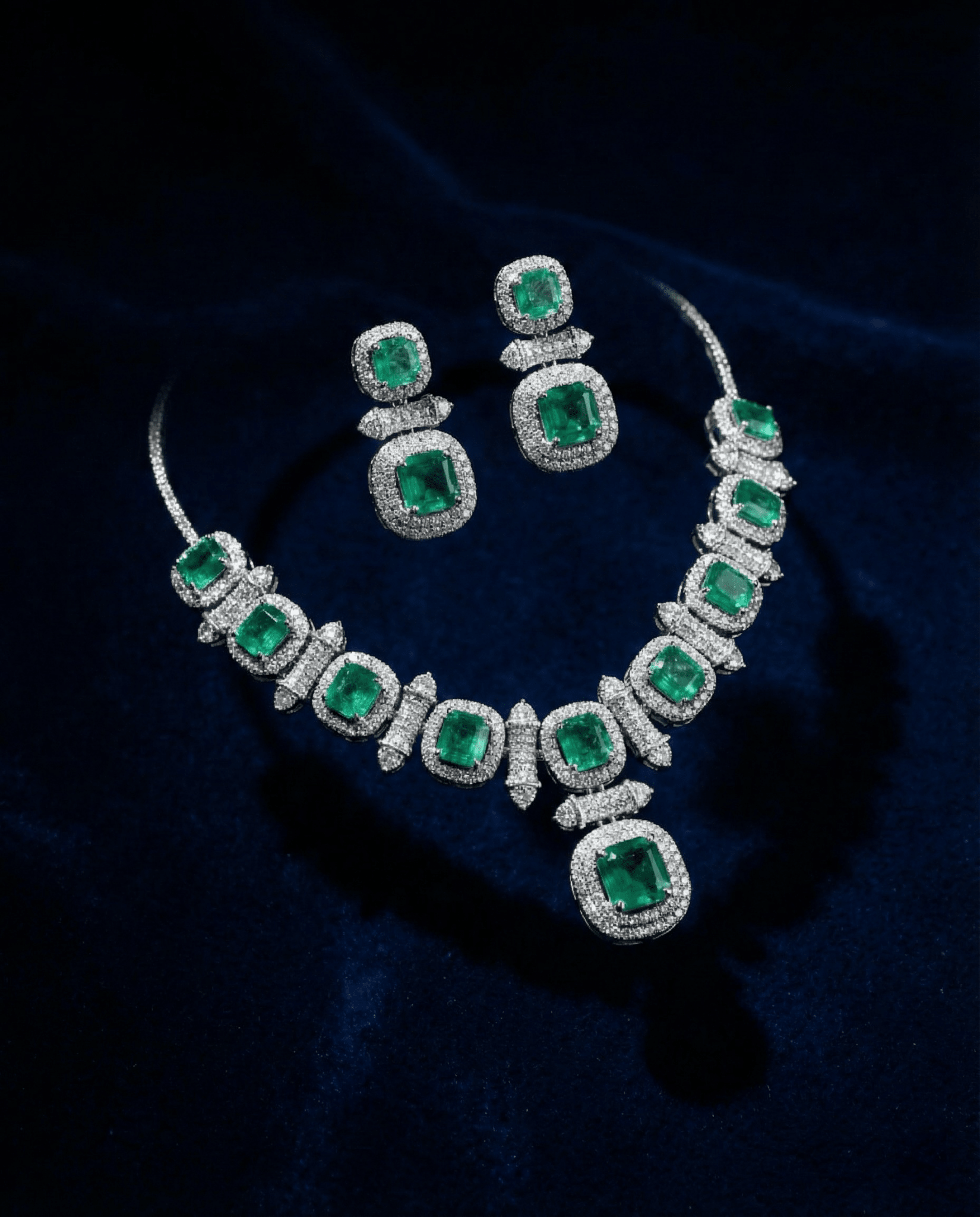 Emerald Cushion Cut Necklace Set with Diamond Finish | Premium Wedding Jewellery - Maxiblink
