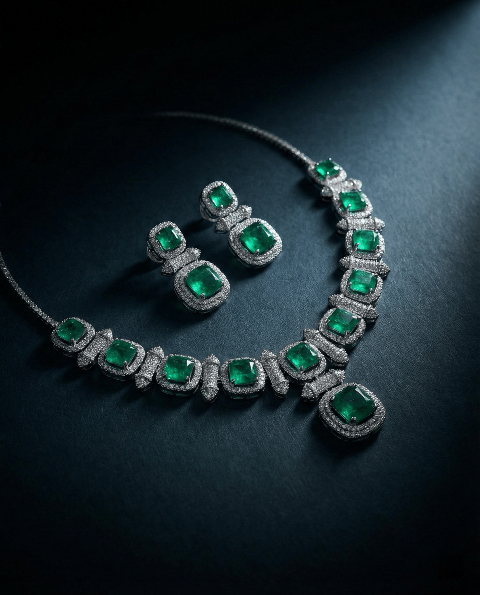 Emerald Cushion Cut Necklace Set with Diamond Finish | Premium Wedding Jewellery - Maxiblink