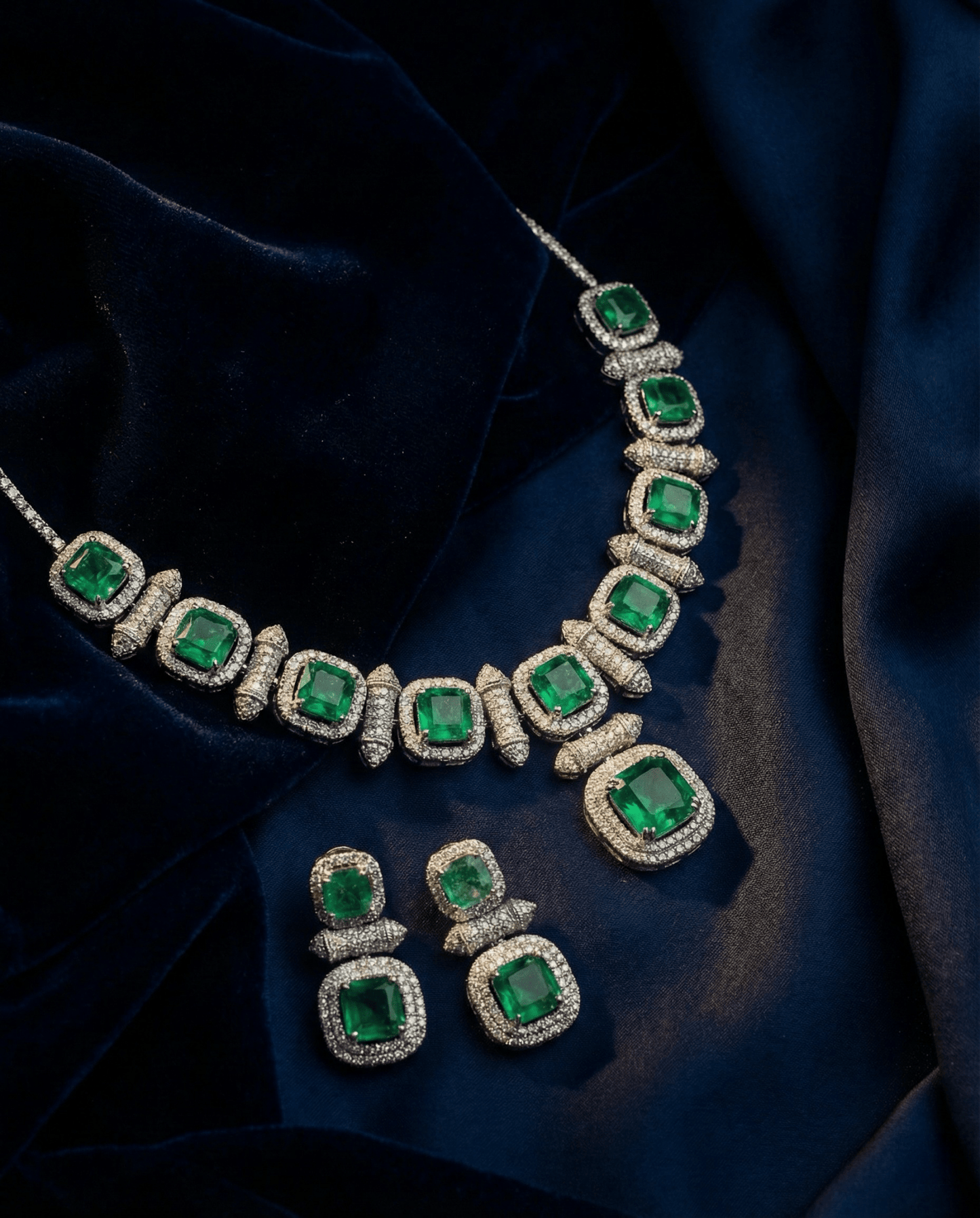 Emerald Cushion Cut Necklace Set with Diamond Finish | Premium Wedding Jewellery - Maxiblink