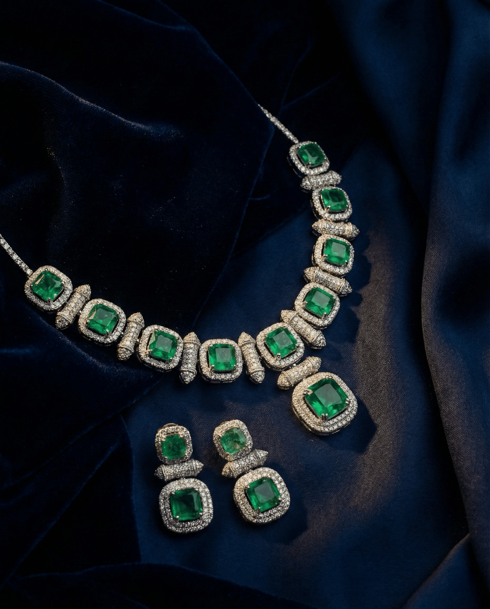 Emerald Cushion Cut Necklace Set with Diamond Finish | Premium Wedding Jewellery - Maxiblink