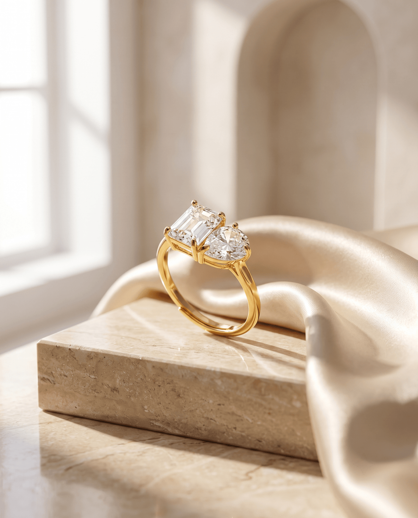 Emerald-Cut & Pear Toi-et-Moi Ring, free-size open band — MaxiBlink gold-plated demi-fine jewellery