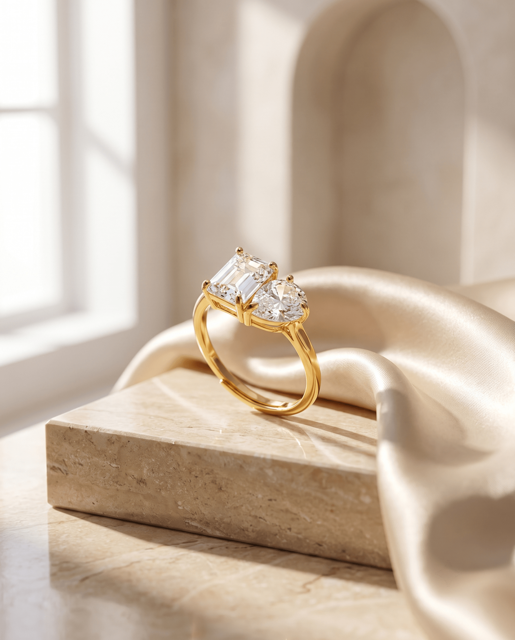 Emerald-Cut & Pear Toi-et-Moi Ring, free-size open band — MaxiBlink gold-plated demi-fine jewellery