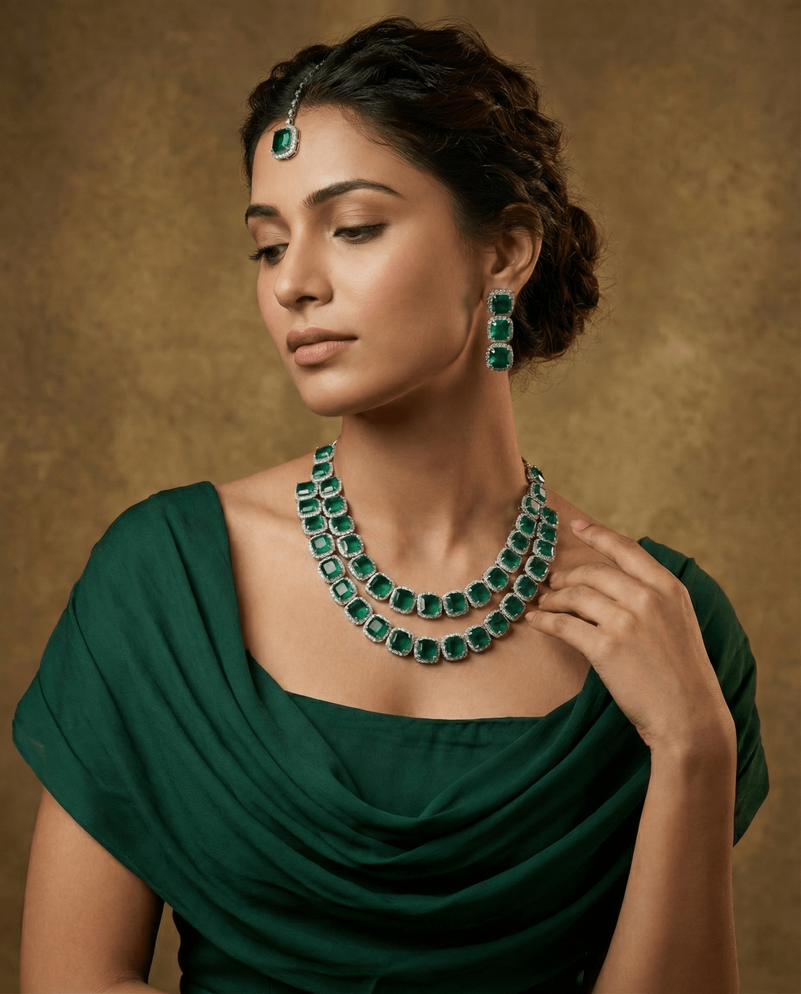 Emerald Double Layer Cushion Cut Necklace Set | Premium Party Jewellery - Maxiblink