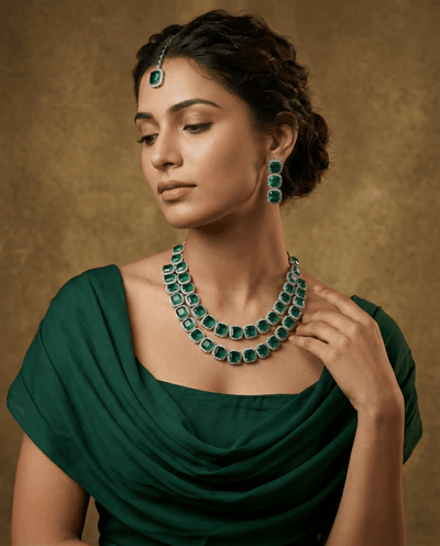 Emerald Double Layer Cushion Cut Necklace Set | Premium Party Jewellery - Maxiblink