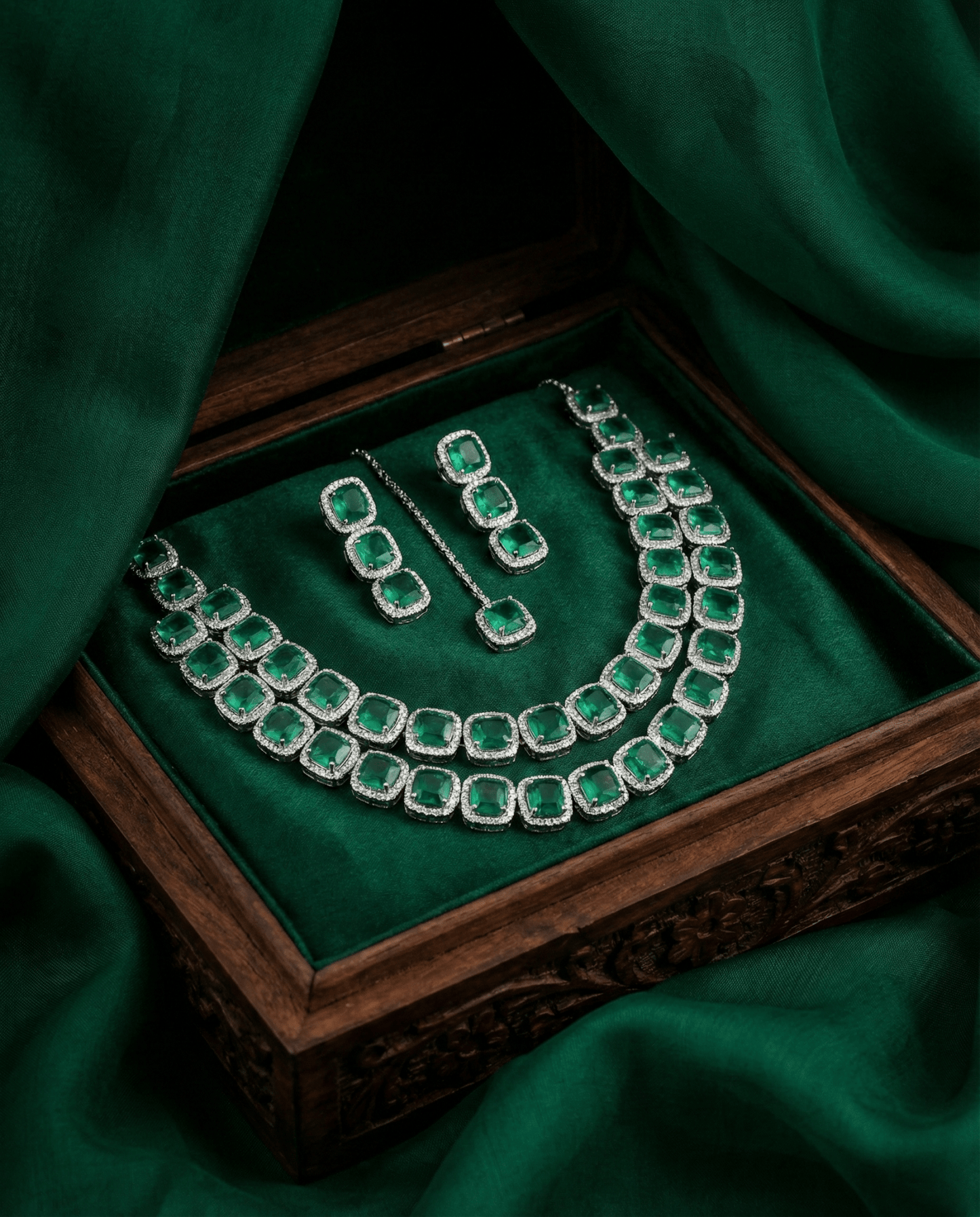Emerald Double Layer Cushion Cut Necklace Set | Premium Party Jewellery - Maxiblink