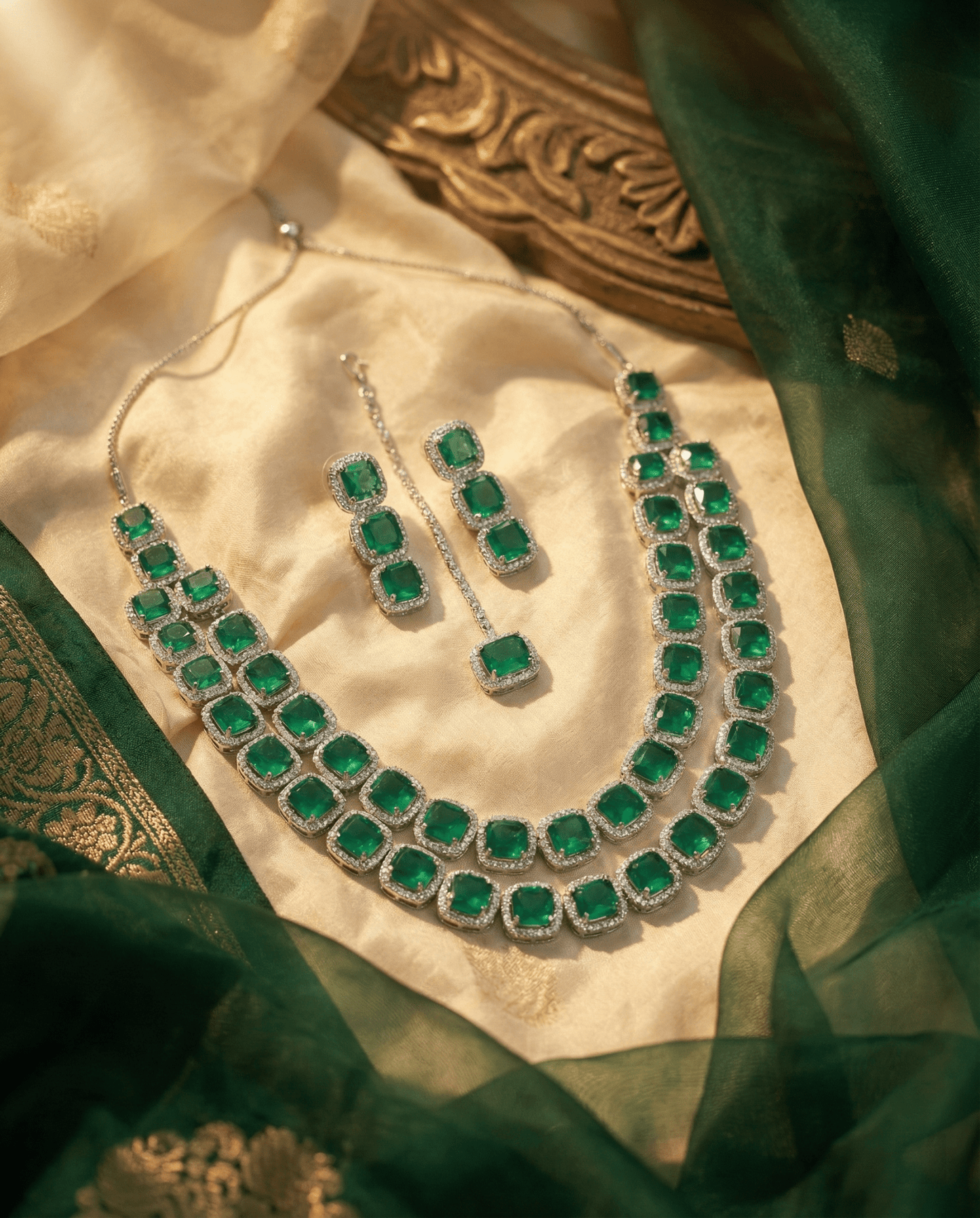 Emerald Double Layer Cushion Cut Necklace Set | Premium Party Jewellery - Maxiblink